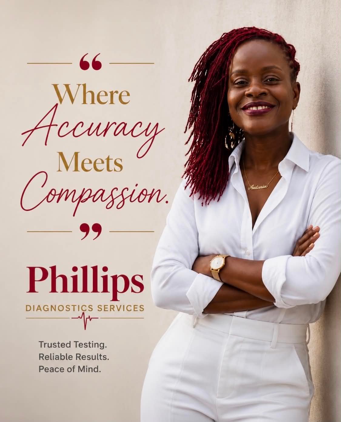 Antonia Phillips, Phillips Diagnostics Services — Where Accuracy Meets Compassion. Trusted Testing. Reliable Results. Peace of Mind.